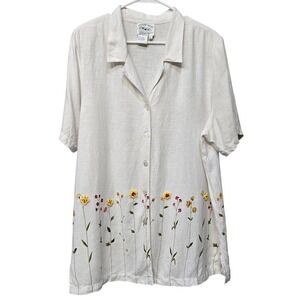 Womens Shirt Top Large 3D Crochet Flowers Unique Linen Blend VTG 80s Cottage Fun
